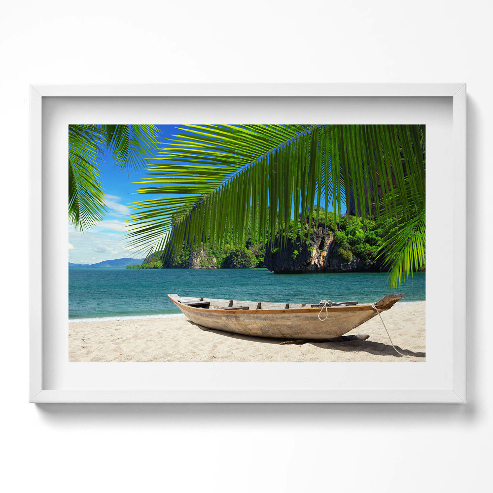 Obraz v rámu moderní Loď na pláži pod palmou