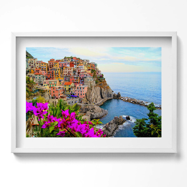 Obraz v rámu moderní Květiny a pobřeží Cinque Terre Itálie