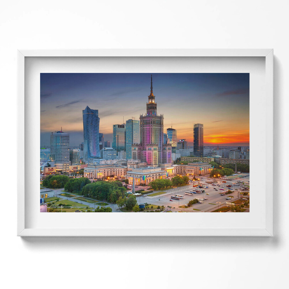 Obraz v rámu moderní Panorama západu slunce ve Varšavě