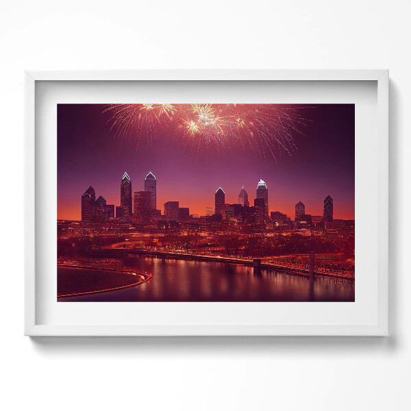 Obraz v rámu moderní Město v noci ohňostroj ve Philadelphii