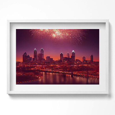 Obraz v rámu moderní Město v noci ohňostroj ve Philadelphii
