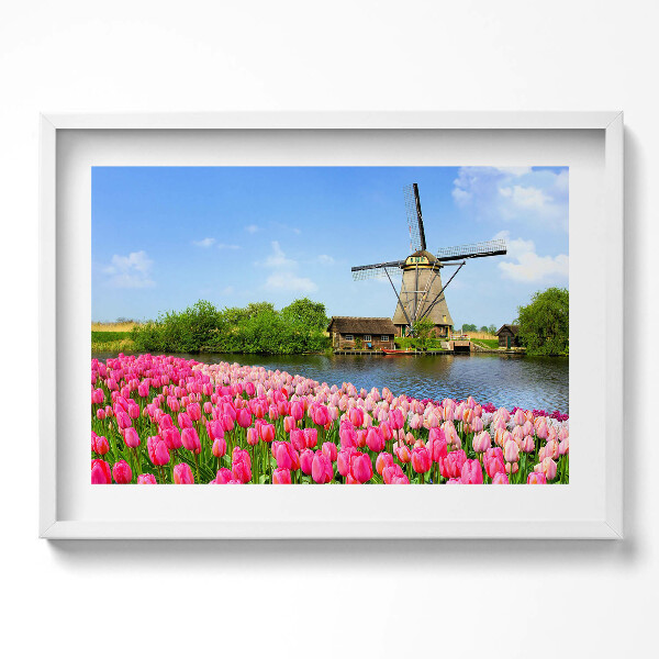 Obraz v rámu moderní Holandský větrný mlýn s květinami
