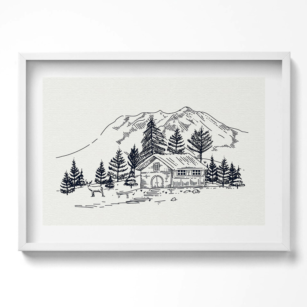 Obraz v rámu moderní Kresba chaty v horách