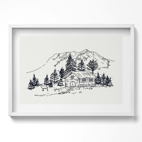Obraz v rámu moderní Kresba chaty v horách