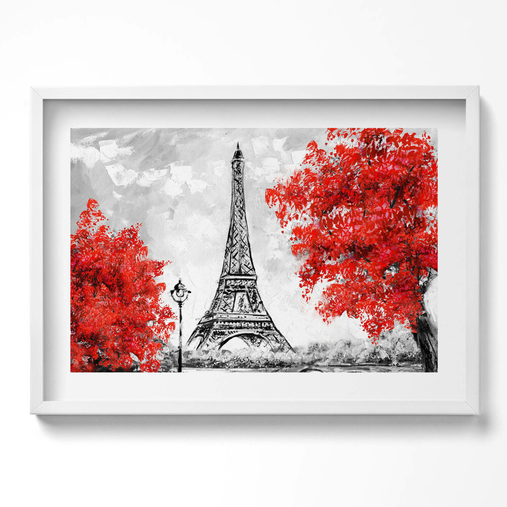 Obraz v rámu moderní Obraz Eiffelovy věže a červených stromů