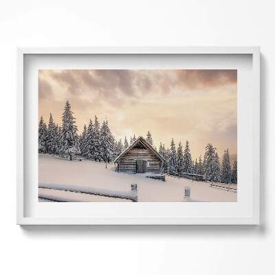 Obraz v rámu moderní Krajina horské chaty v zimě a při západu slunce