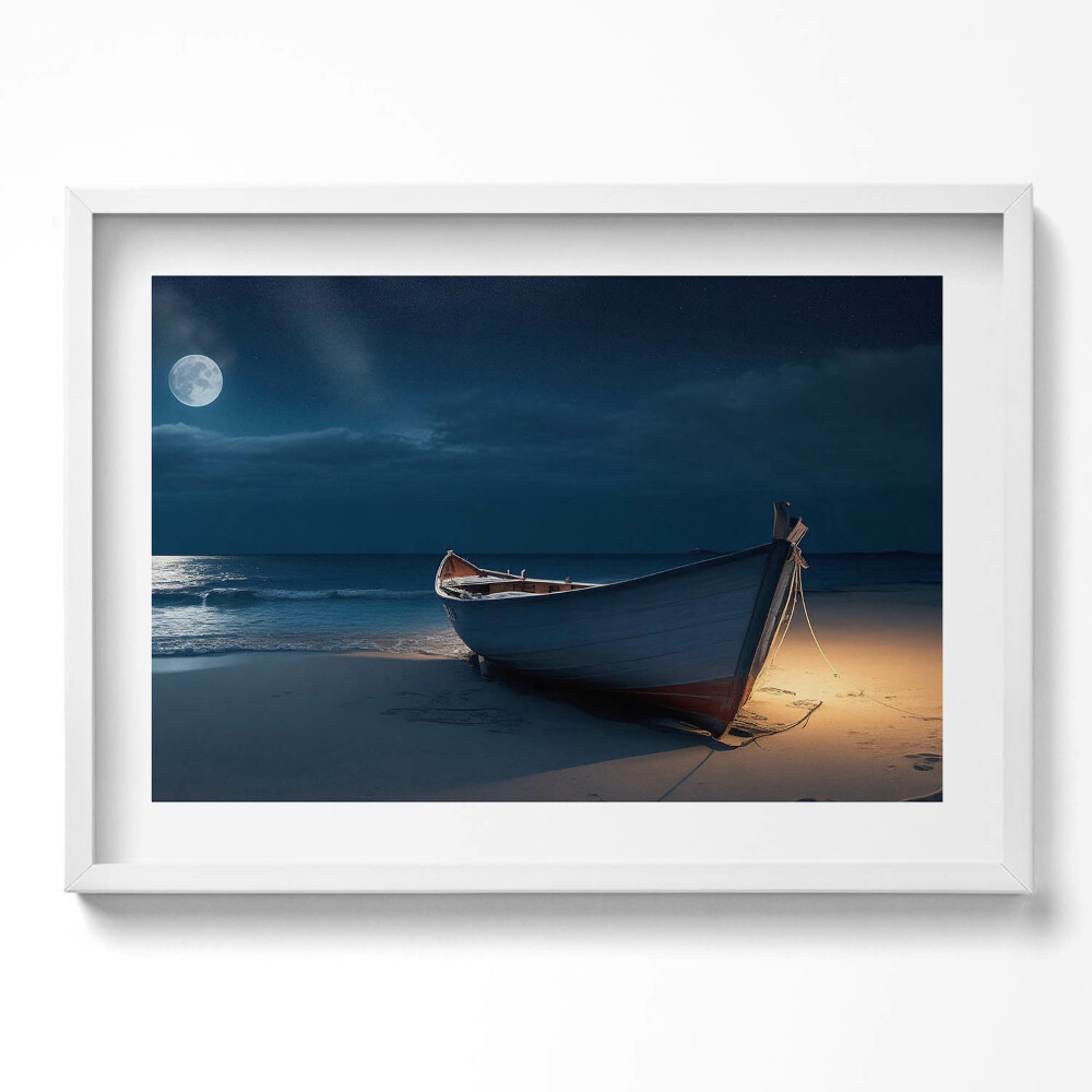 Obraz v rámu moderní Loď na břehu pláže v noci