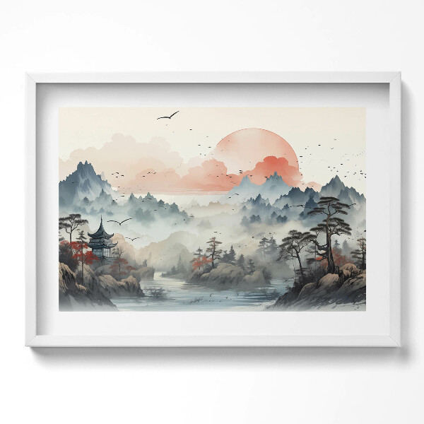 Obraz v rámu moderní Horská lesní krajina v japonském stylu