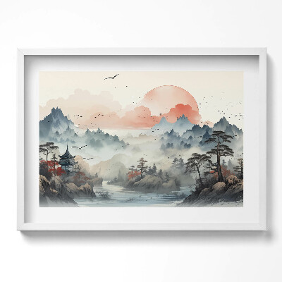 Obraz v rámu moderní Horská lesní krajina v japonském stylu