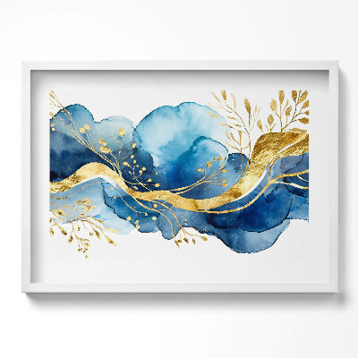 Obraz v rámu moderní Abstrakce zlatých rostlin na modrém pozadí