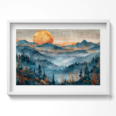 Obraz v rámu moderní Abstraktní krajina slunce nad horami a lesy