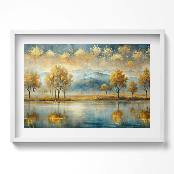 Obraz v rámu moderní Abstraktní krajina zlatých stromů u jezera