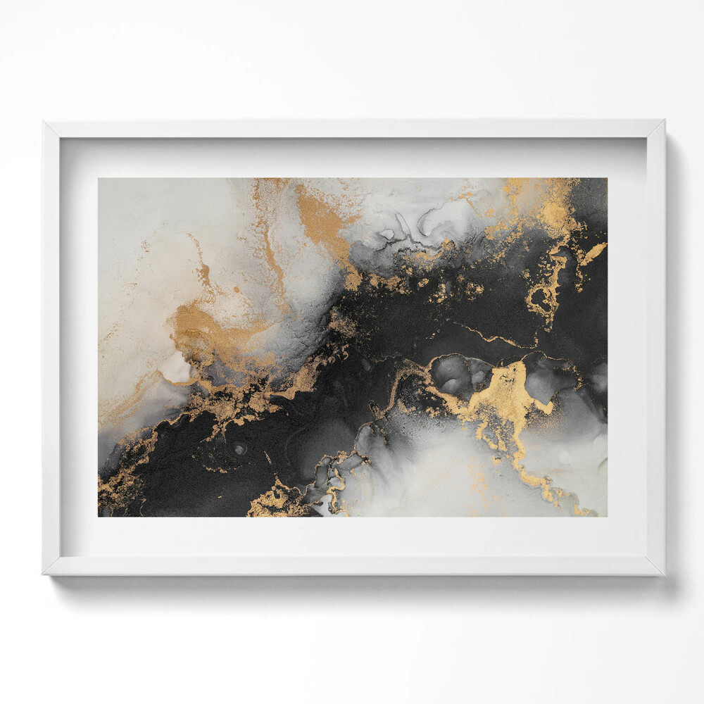 Obraz v rámu moderní Černá a bílá abstrakce se zlatem