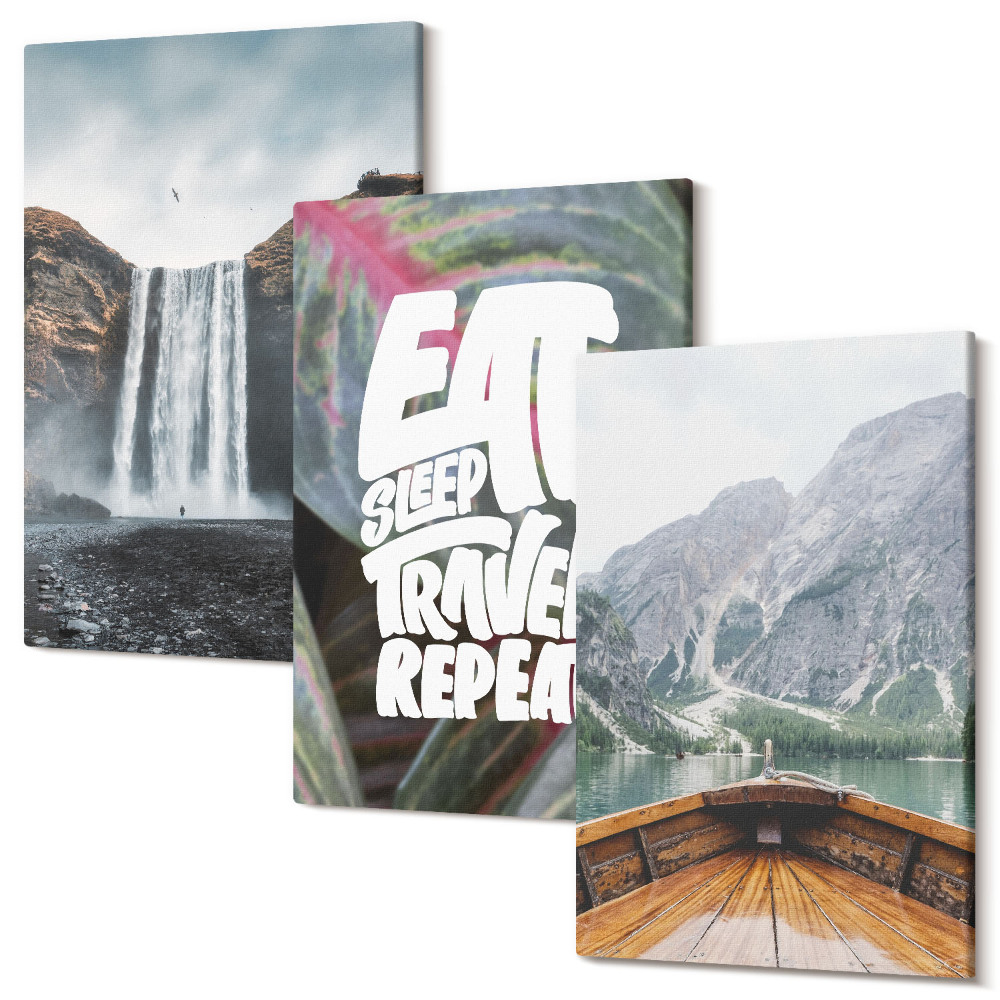 Sada obrazů na zeď triptych Vodopád hory cestování přírodní loď a vegetace