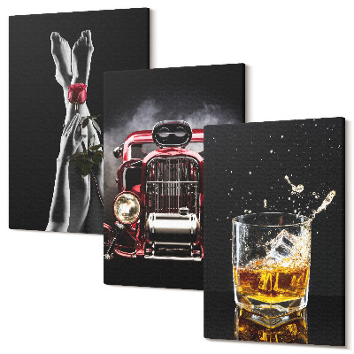 Sada 3 obrazů Ženské nohy s růží, staré auto, sklenka whisky