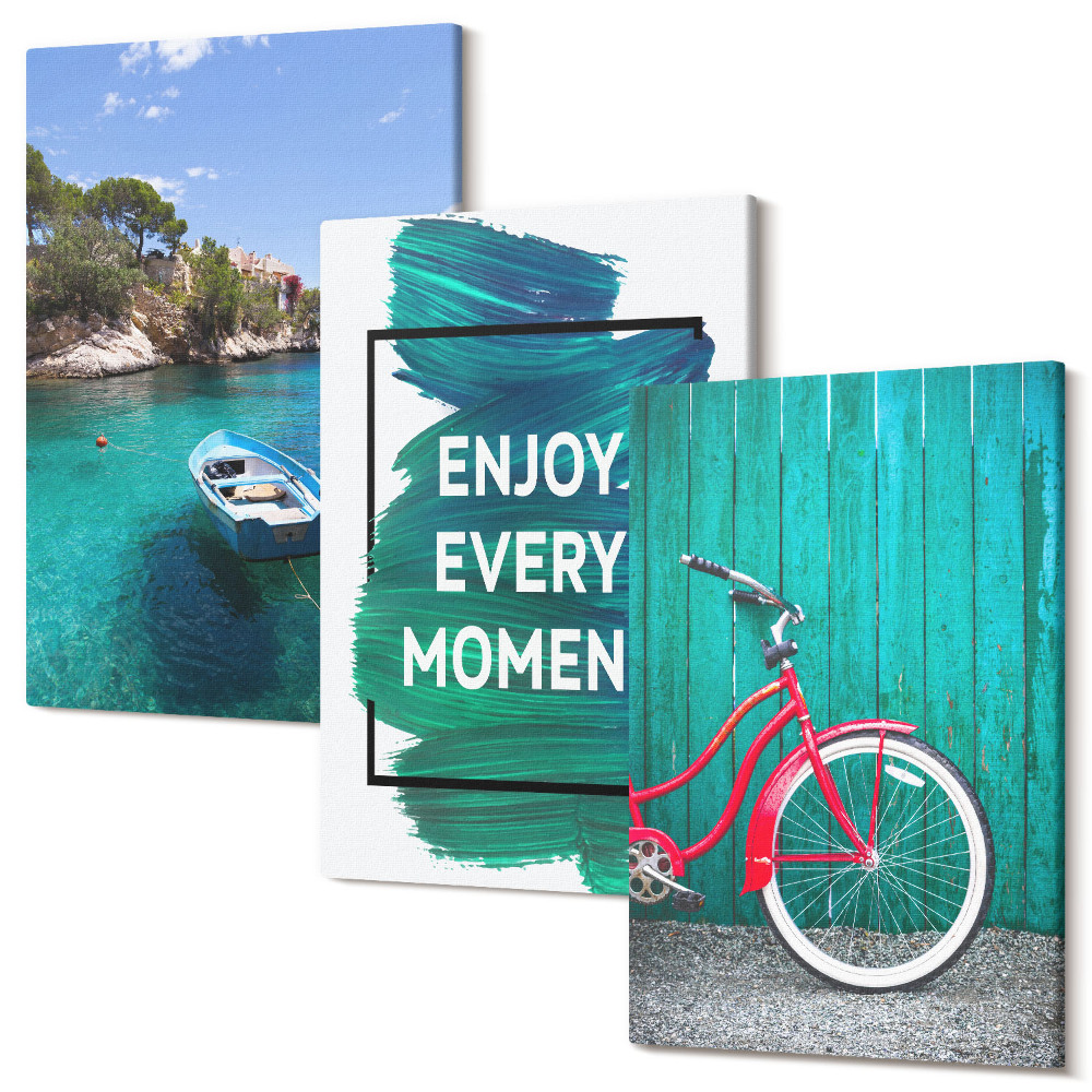 Sada obrazů na zeď triptych Výhled na moře s inspirativním nápisem na lodi