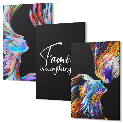 Sada 3 obrazů Portréty lidí v barevných vzorech a nápis o rodině