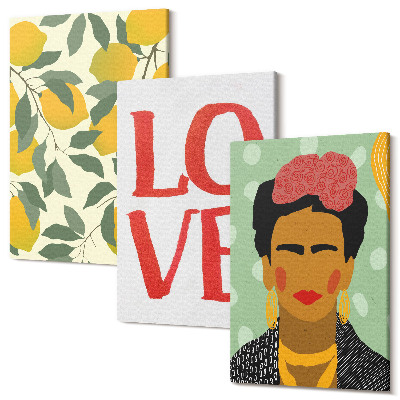 Sada 3 obrazů Citrony s nápisem LOVE malovaný portrét Fridy Kahlo