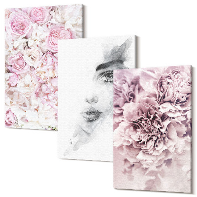 Sada 3 obrazů Jemné pivoňky černobílý portrét ženy