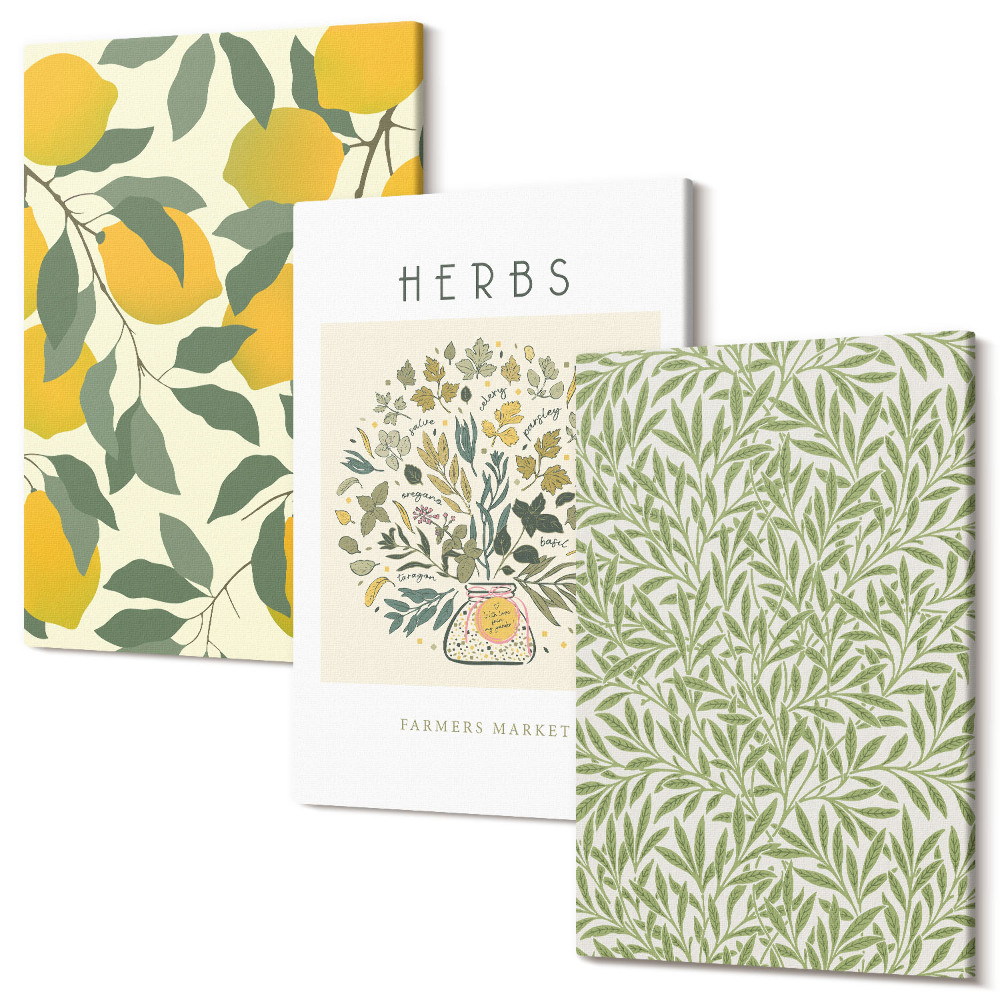 Sada obrazů na zeď triptych Motivy citronu s bylinkami a rostlinnými listy