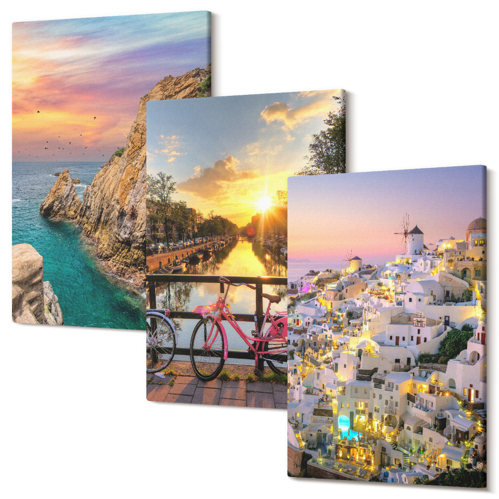 Sada 3 obrazů Výhled na moře se západem slunce a město