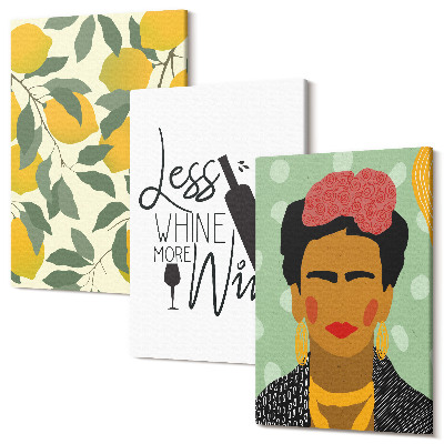 Sada obrazů na zeď triptych Portrét Fridy Kahlo z láhve vína s citrony