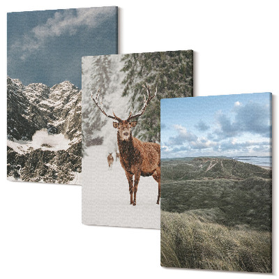 Sada obrazů triptych Hory se sněhem, jeleni v lese, krajiny