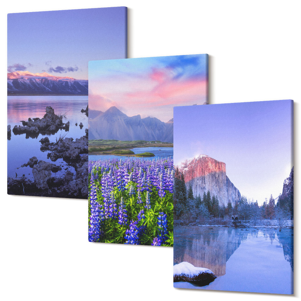 Sada 3 obrazů Horské krajiny s vodou, oblohou a polem květin