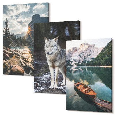 Sada obrazů triptych Hory, jezera a vlk v přírodním prostředí