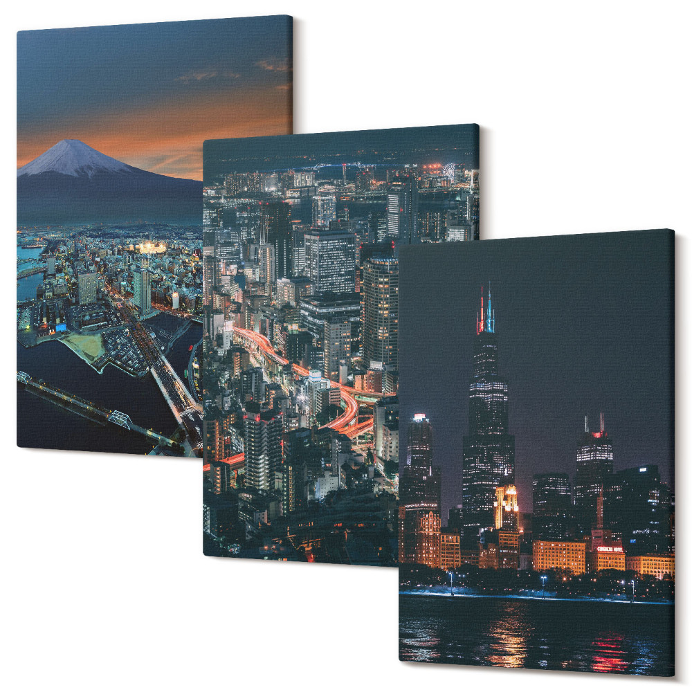 Sada obrazů triptych Horský výhled na město v noci s mrakodrapy