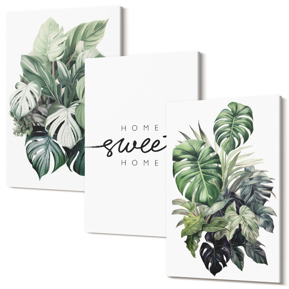 Sada obrazů na zeď triptych Zelené rostliny se slovy Sweet Home