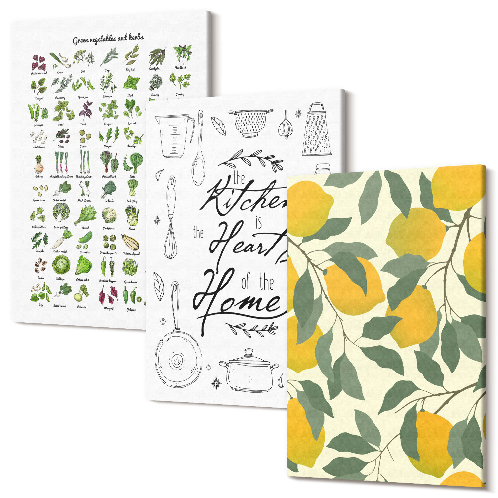 Sada obrazů na zeď triptych Seznam bylin, kuchyňského znamení a malovaných citronů