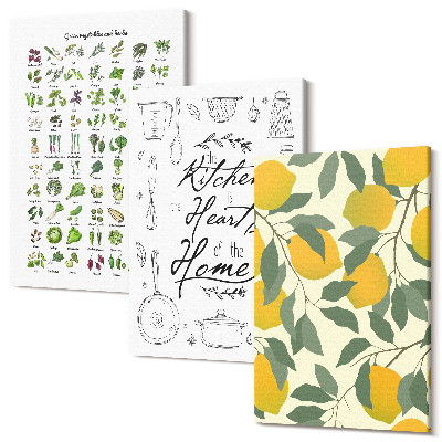 Sada obrazů na zeď triptych Seznam bylin, kuchyňského znamení a malovaných citronů