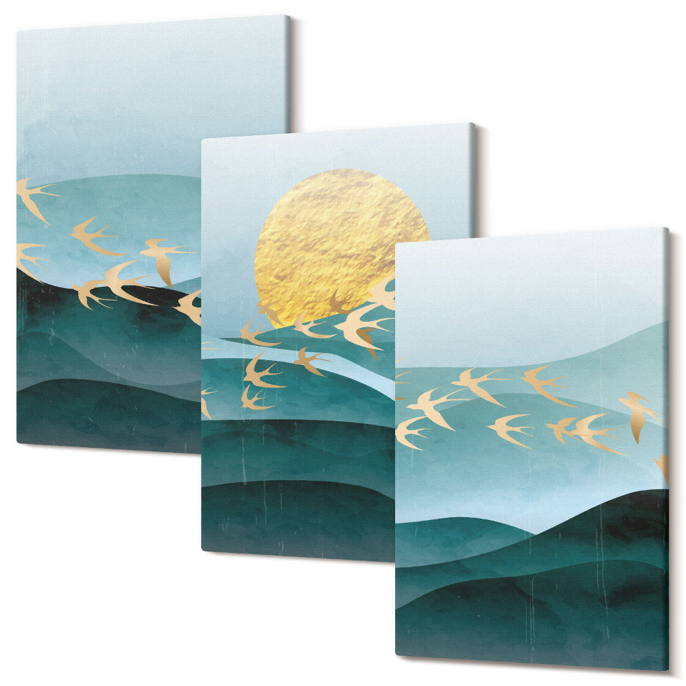 Sada obrazů na zeď triptych Abstraktní krajiny slunečních vln a létajících ptáků