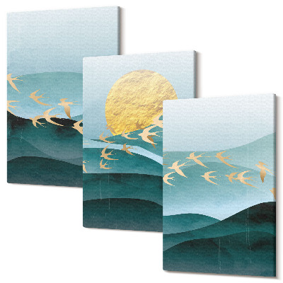 Sada obrazů na zeď triptych Abstraktní krajiny slunečních vln a létajících ptáků