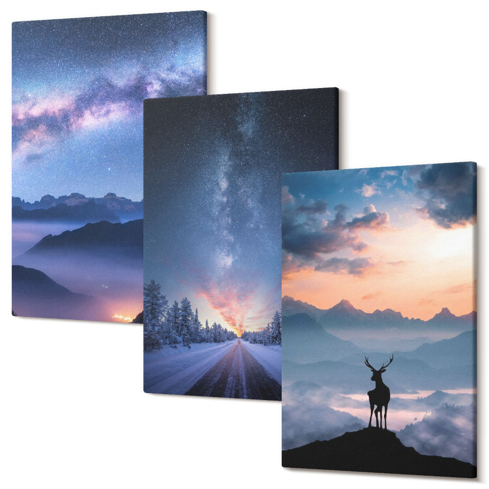 Sada 3 obrazů Noční obloha, hory, krajina v mlze a jeleni