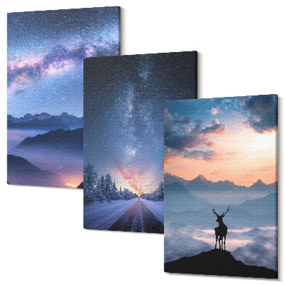 Sada 3 obrazů Noční obloha, hory, krajina v mlze a jeleni