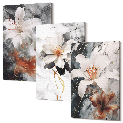 Sada obrazů triptych Květiny na mramorovém pozadí v odstínech bílé a černé