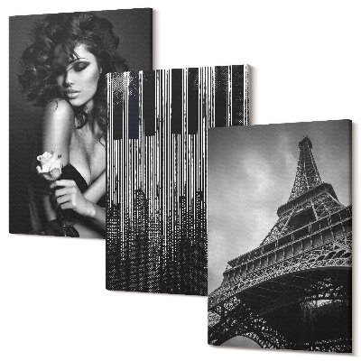 Sada 3 obrazů Portrét ženy s růží, Eiffelovou věží a klavírním vzorem