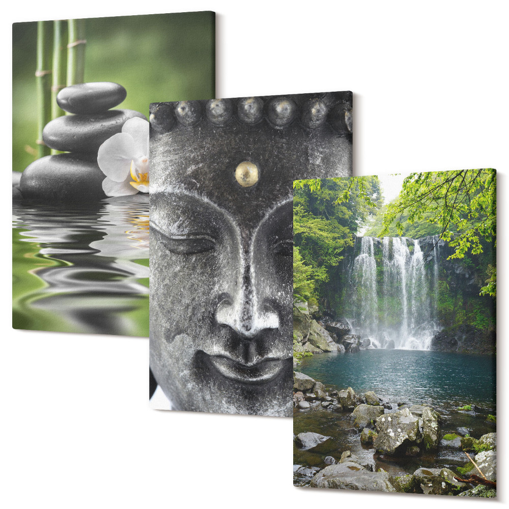 Sada 3 obrazů Harmonie přírody s kameny, vodou a Buddhou