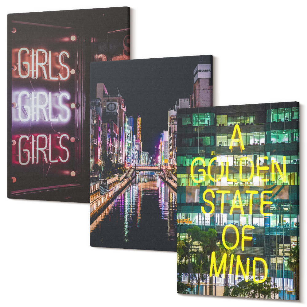 Sada obrazů triptych Neonové nápisy města v noci s výhledem na řeku