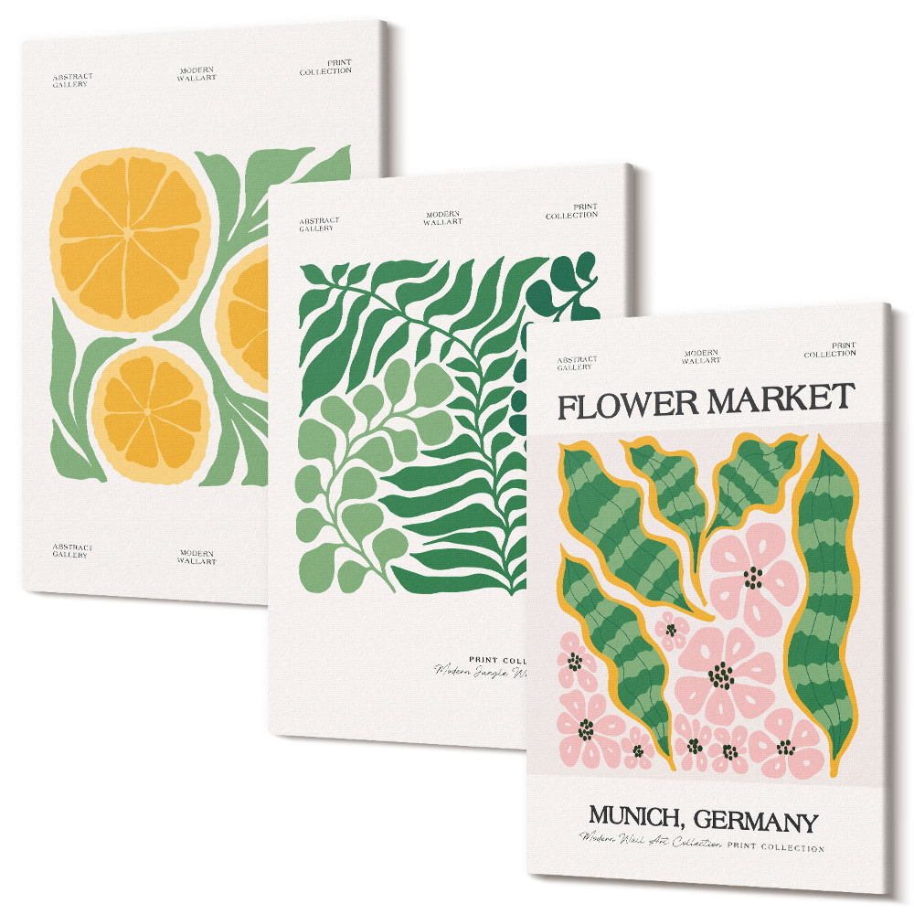 Sada obrazů na zeď triptych Ovocné a rostlinné motivy v pastelových barvách plakáty