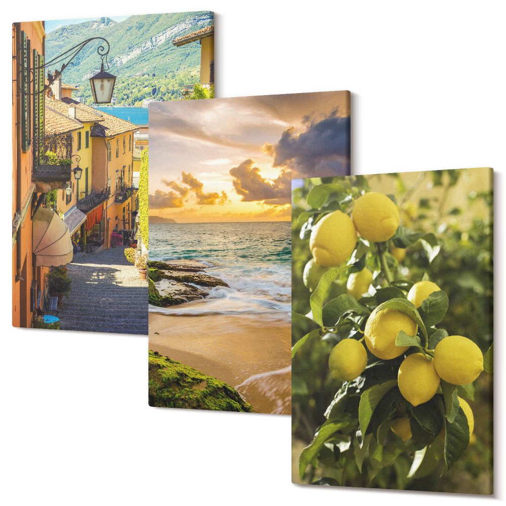 Sada 3 obrazů Malebné uličky, moře, pláže a citrusové stromy