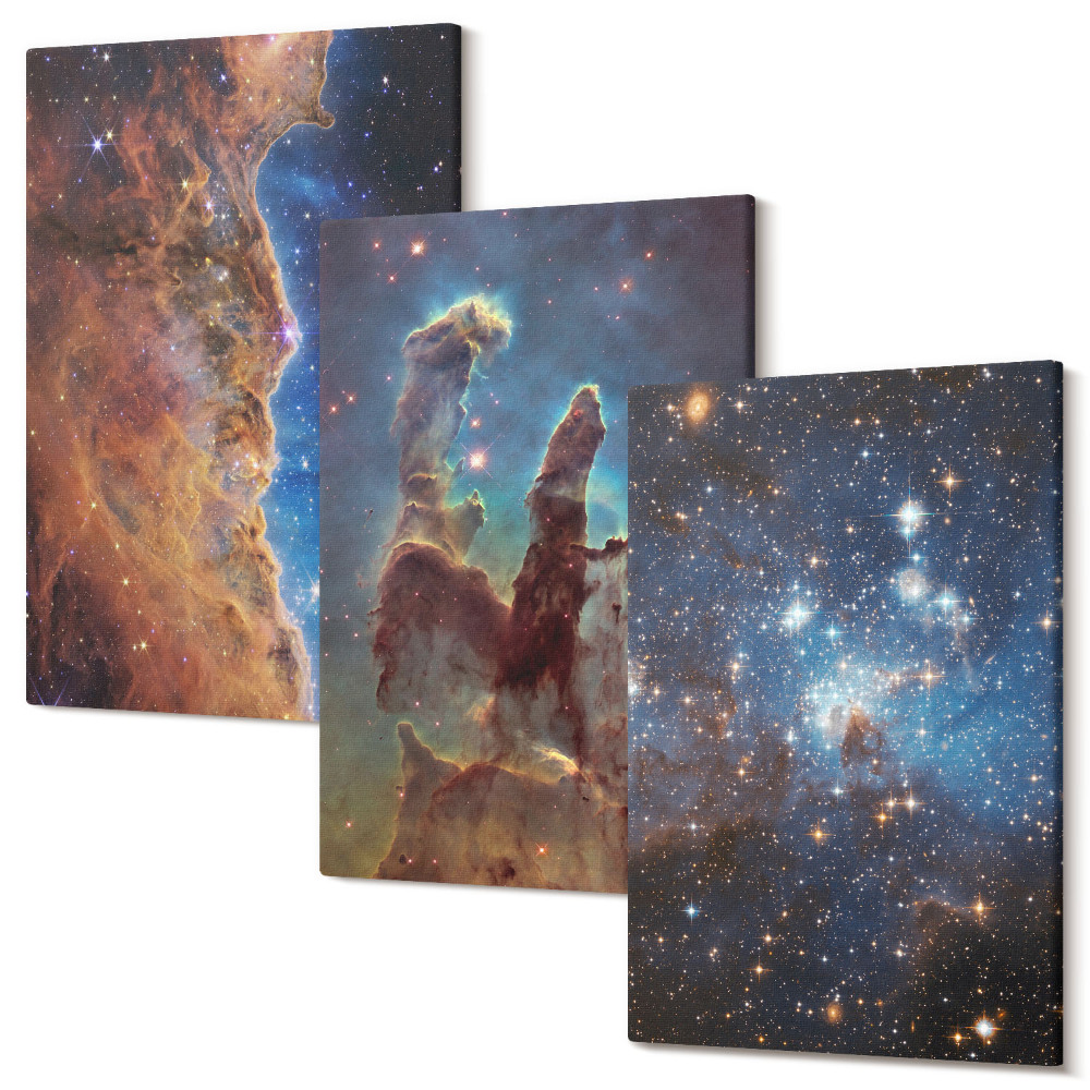 Sada 3 obrazů Vesmírné krajiny s galaxiemi a mlhovinami
