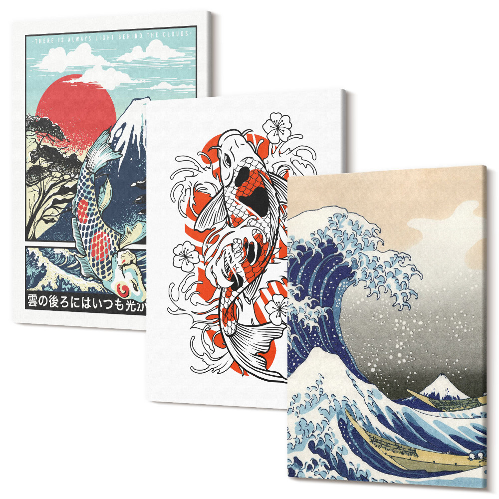 Sada 3 obrazů Ilustrace hor ryb a Velké vlny u Kanagawy, japonský styl