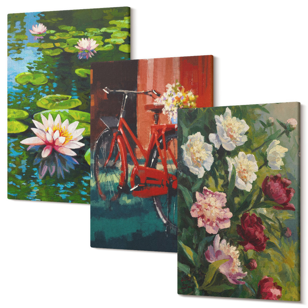 Sada 3 obrazů Lilie na vodě, kolo v zahradě, barevné květiny