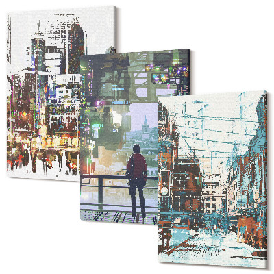 Sada obrazů triptych Moderní města v barvách s postavou v pozadí