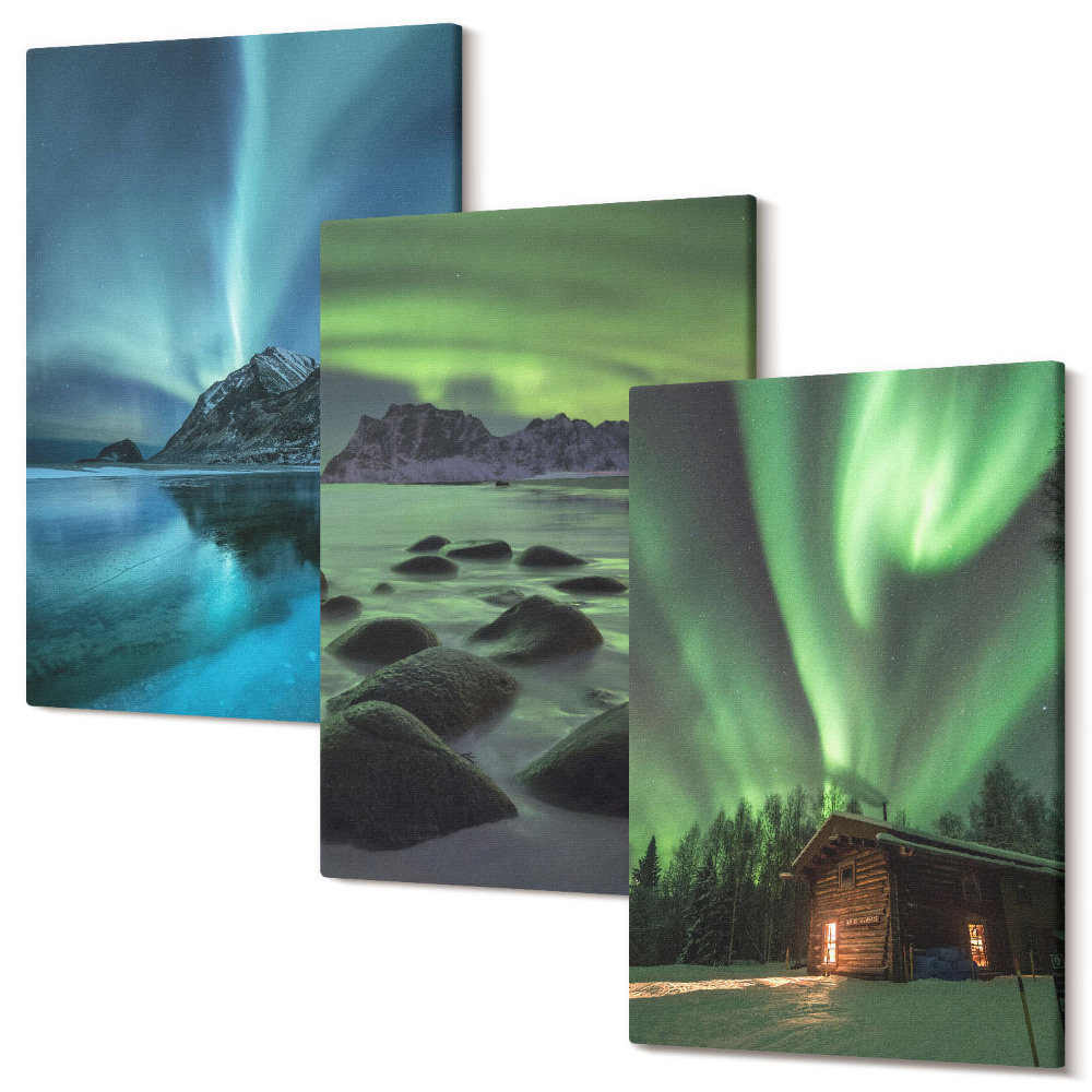 Sada 3 obrazů Zimní krajina s polární záři nad horami