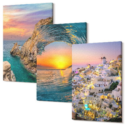 Sada 3 obrazů Výhledy na moře, vlny a bílé domy na Santorini, Řecko