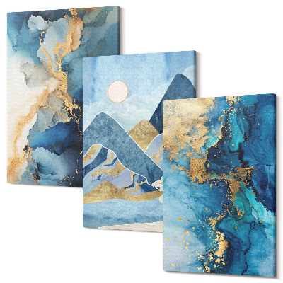 Sada obrazů na zeď triptych Modré hory s prvky abstraktního vzoru